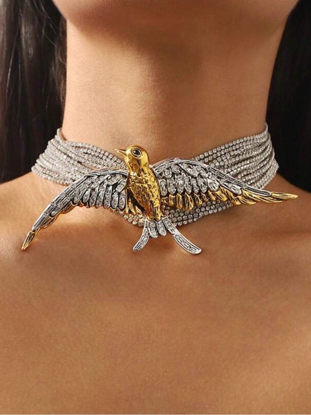 Gold & Silver Bird Statement Choker Necklace